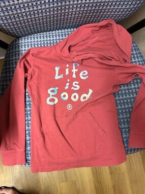 Life Is Good Kids Hooded Pullover - Red with Blue/White Logo, XS (4T-5T)